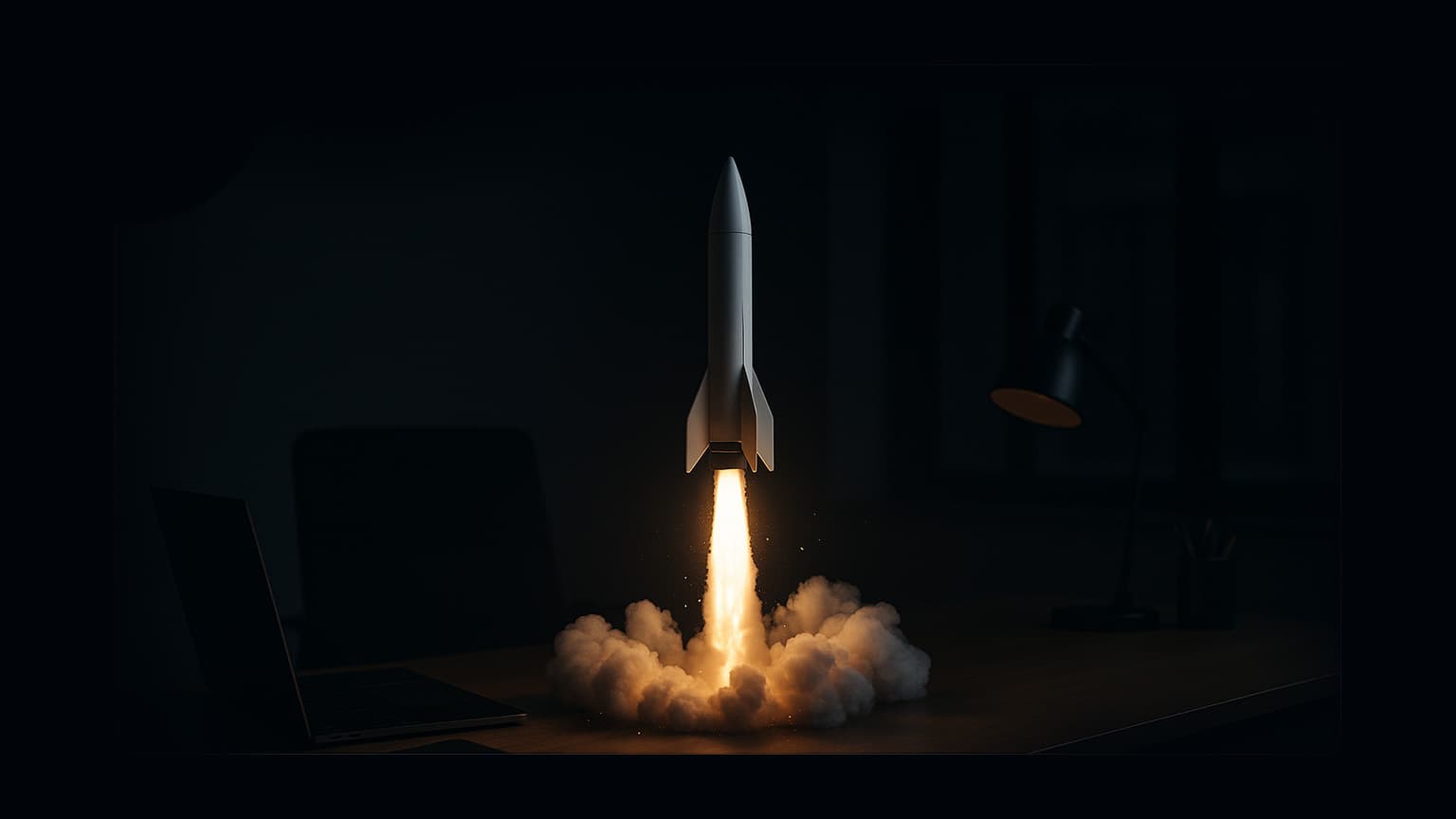 Rocket launch from a creative desk, a metaphor for Ubic brand work taking off